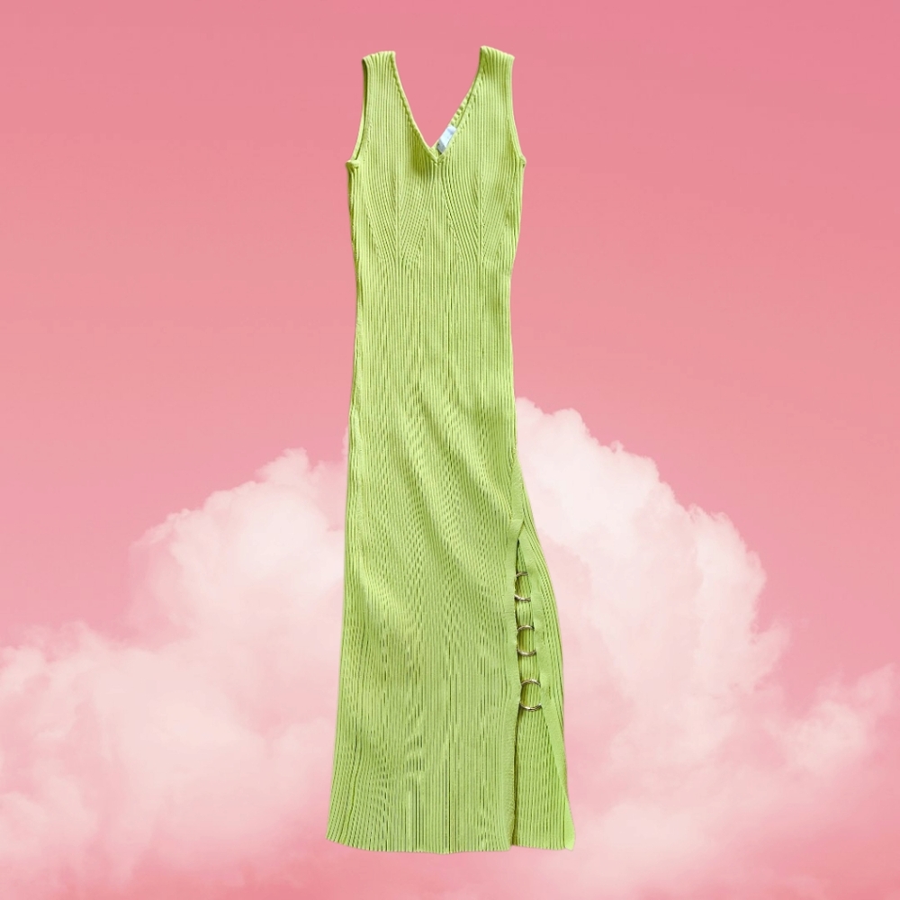 V-Neck Ribbed Maxi Dress in Lime Green